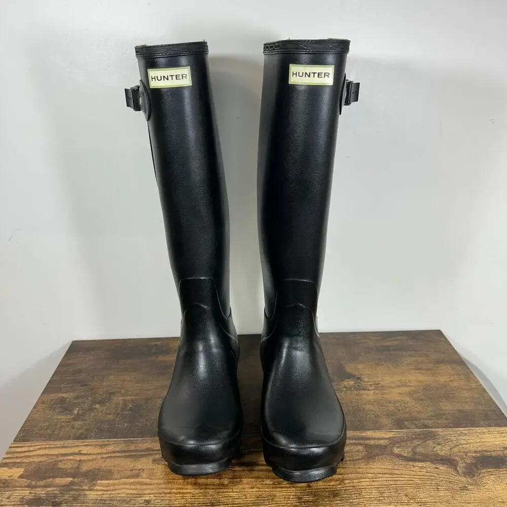Hunter Norris Field Side Adjustable Women 8 Black Boots With Green Label